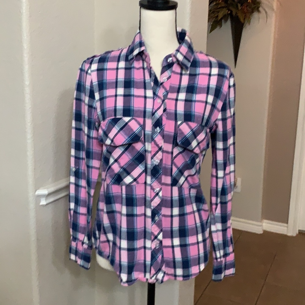 Blue Rain pink and blue plaid button down long sleeve flannel shirt Size S